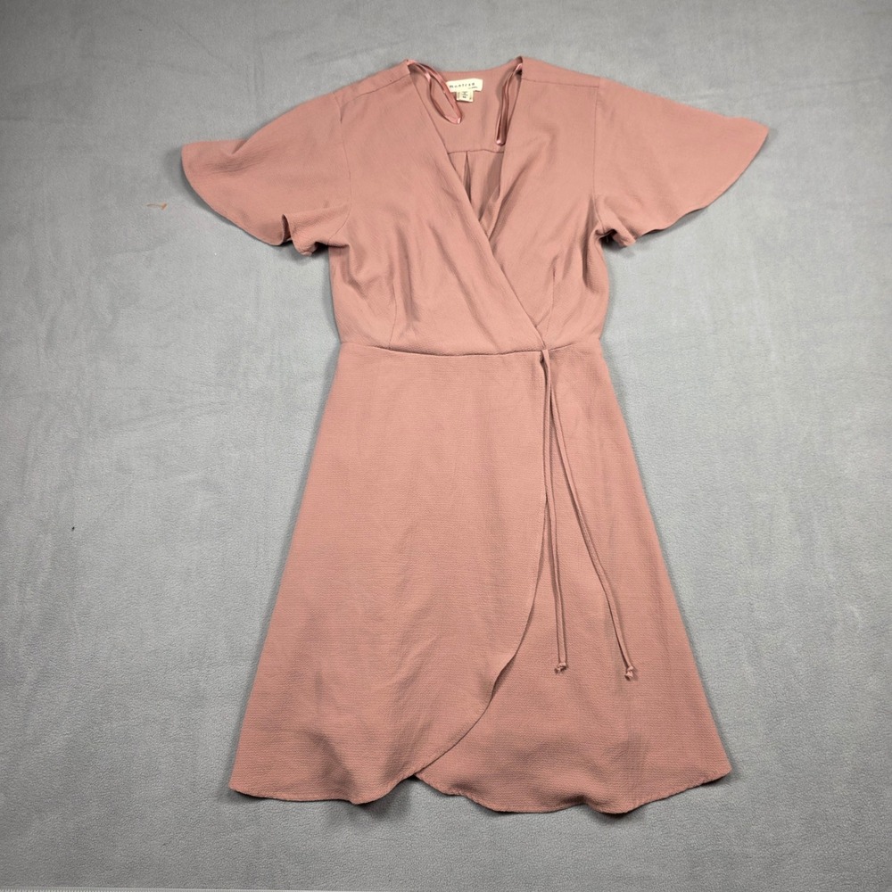 Monteau Dress Women Medium Mauve Pink Flutter Sleeve Faux Wrap Crepe‎ Solid